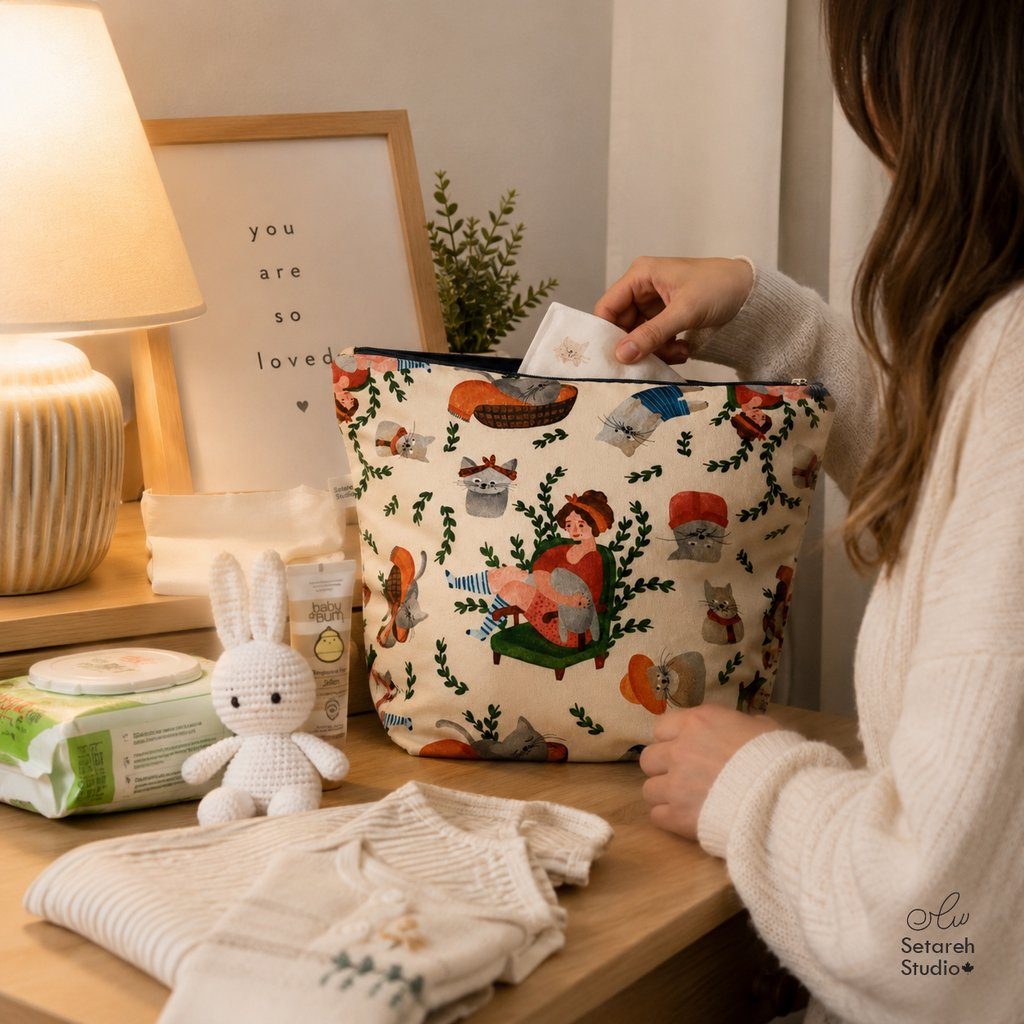 Real photo: the Cat Lover travel bag on a wooden dresser beside baby essentials, warm lamp light
