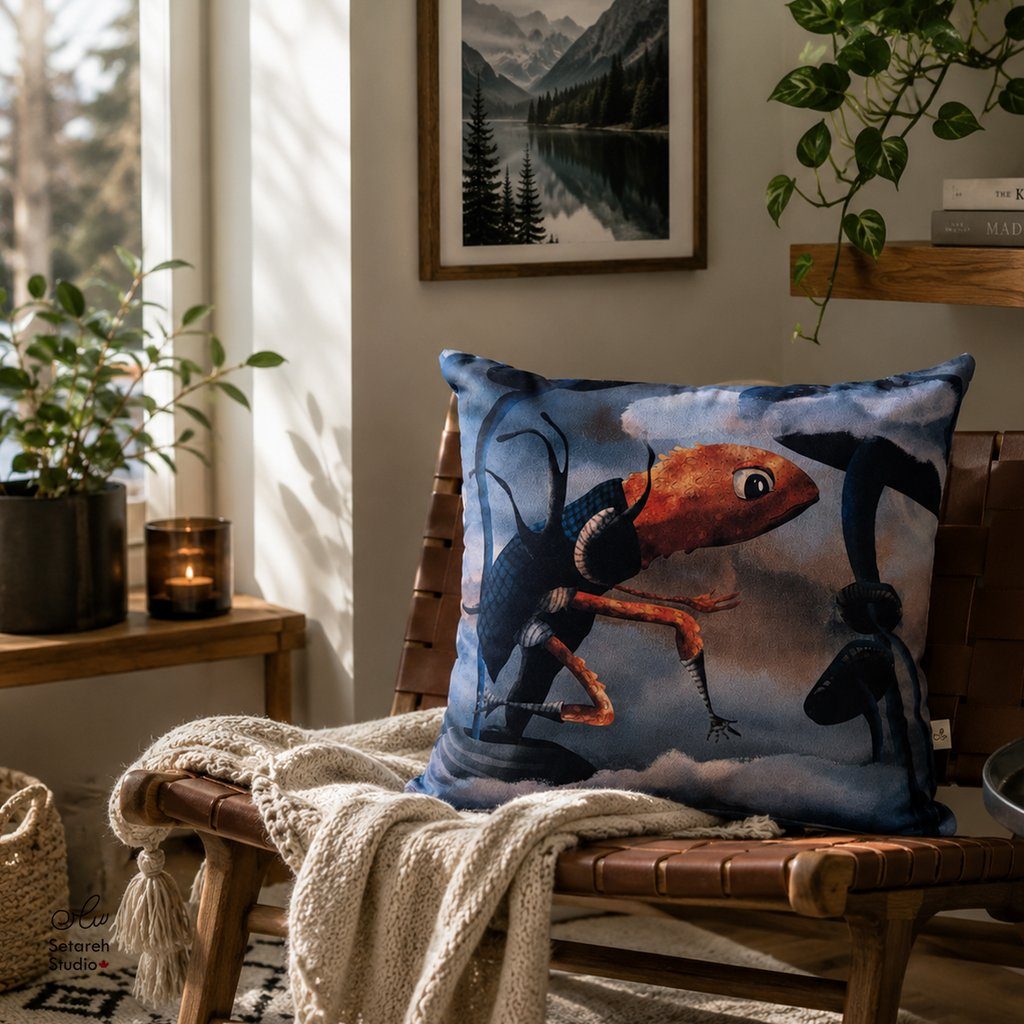 Real photo: the Fino 17-inch cushion on a brown leather chair with a cream knit throw, mountain lake art behind
