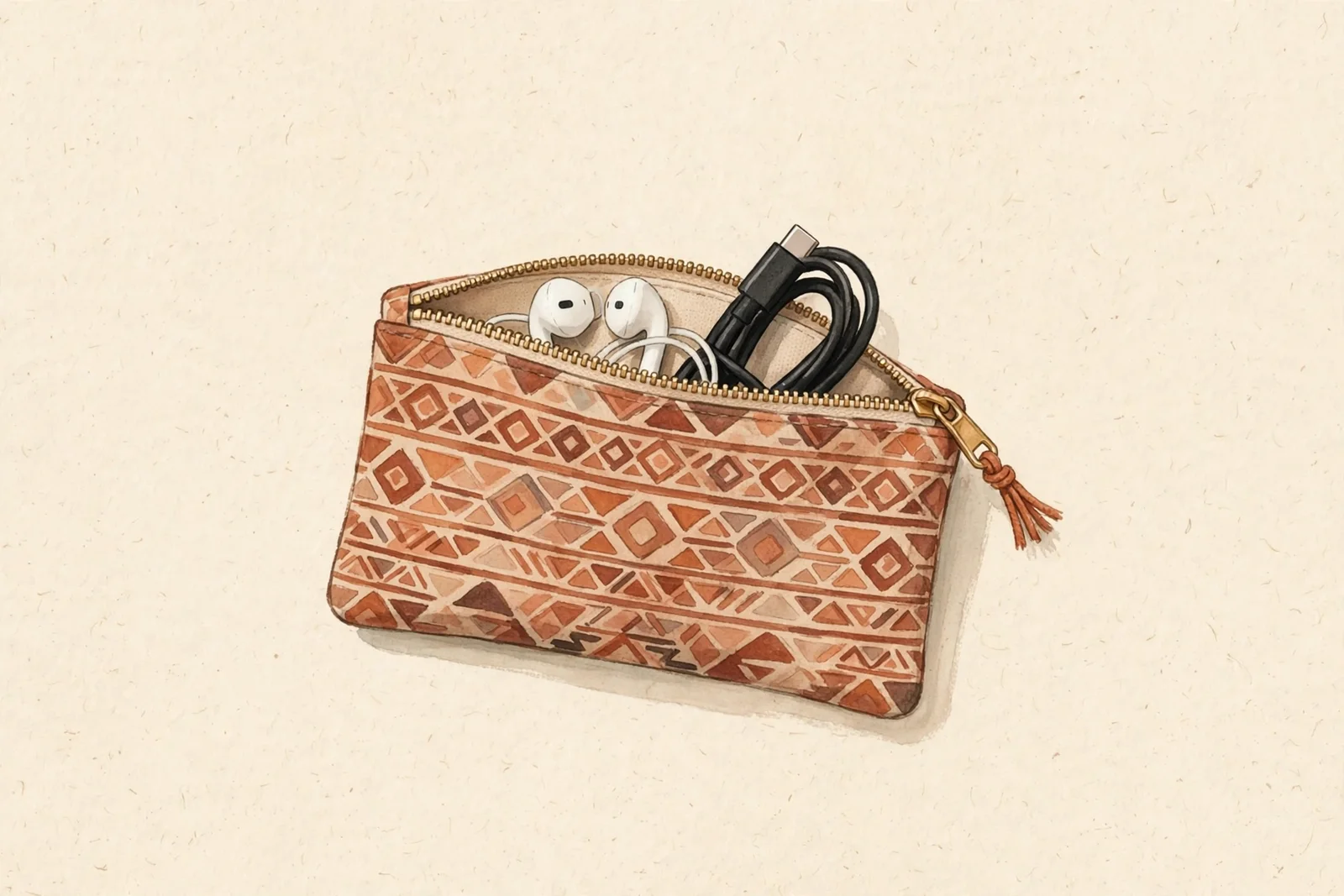 Illustration of a small zip organizer pouch in a terracotta geometric pattern