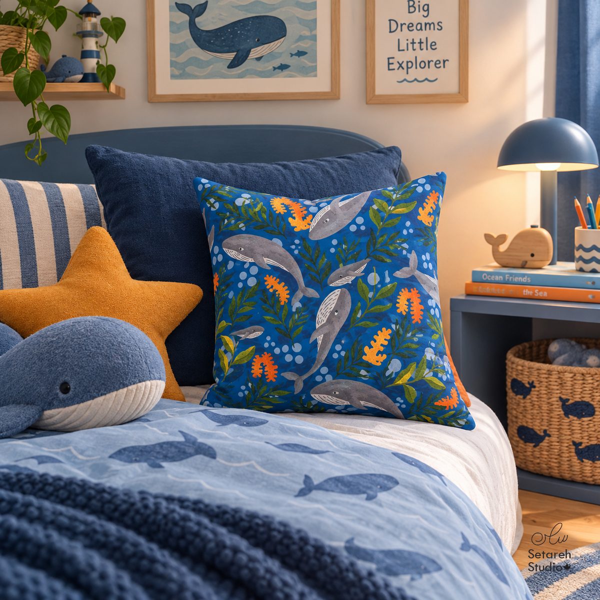 Real photo: the Ocean 14-inch cushion on a bed with whale-print bedding under a “Big Dreams Little Explorer” wall frame, whale plush toys nearby