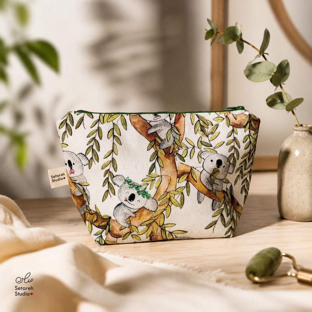 Real photo: the Koala-print cosmetic bag with green zipper on a wooden surface with eucalyptus sprigs and a jade roller