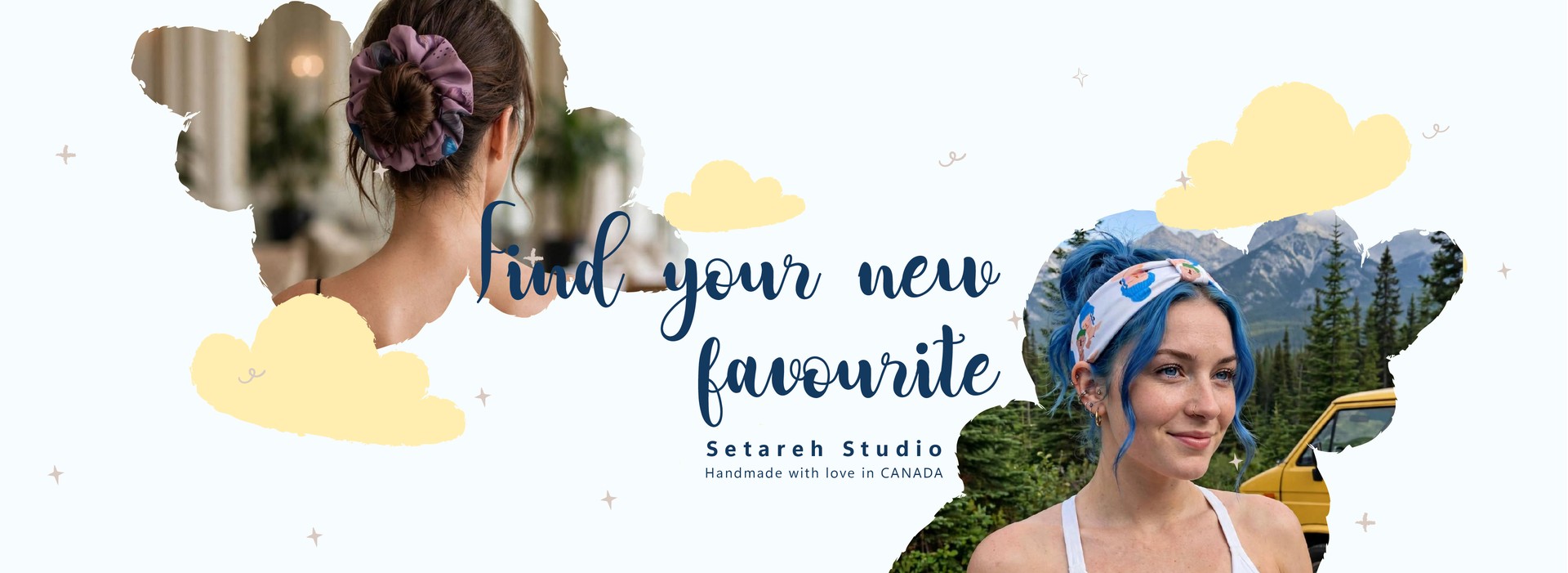Setareh Studio banner featuring a scrunchie and headband with the message Find your new favourite
